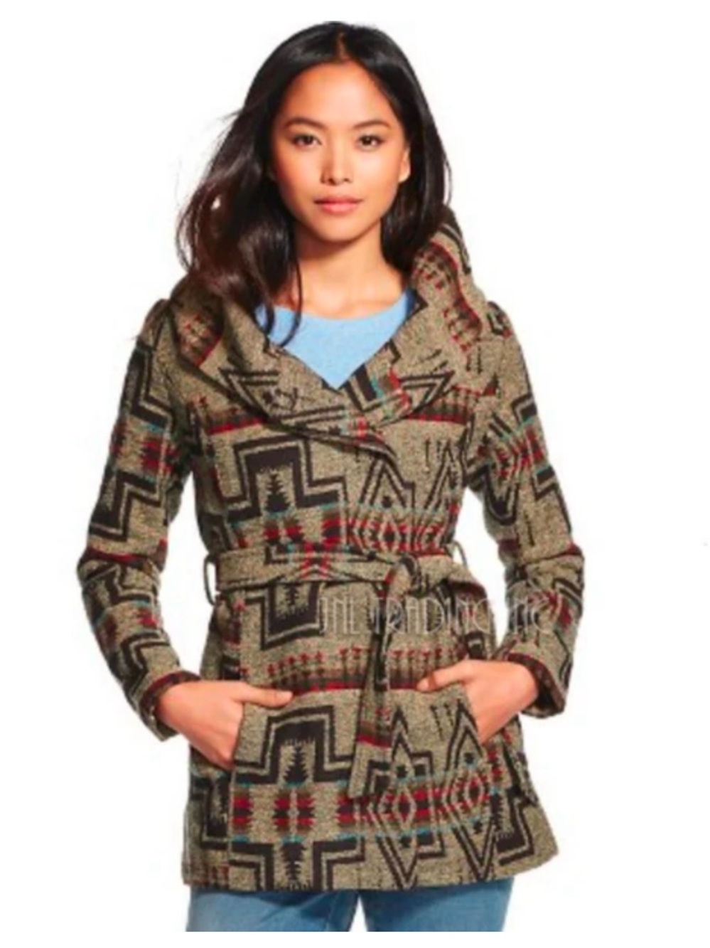 Mossimo Supply Co. Geometric/Aztec Belted Jacket - Olive, Black & Red